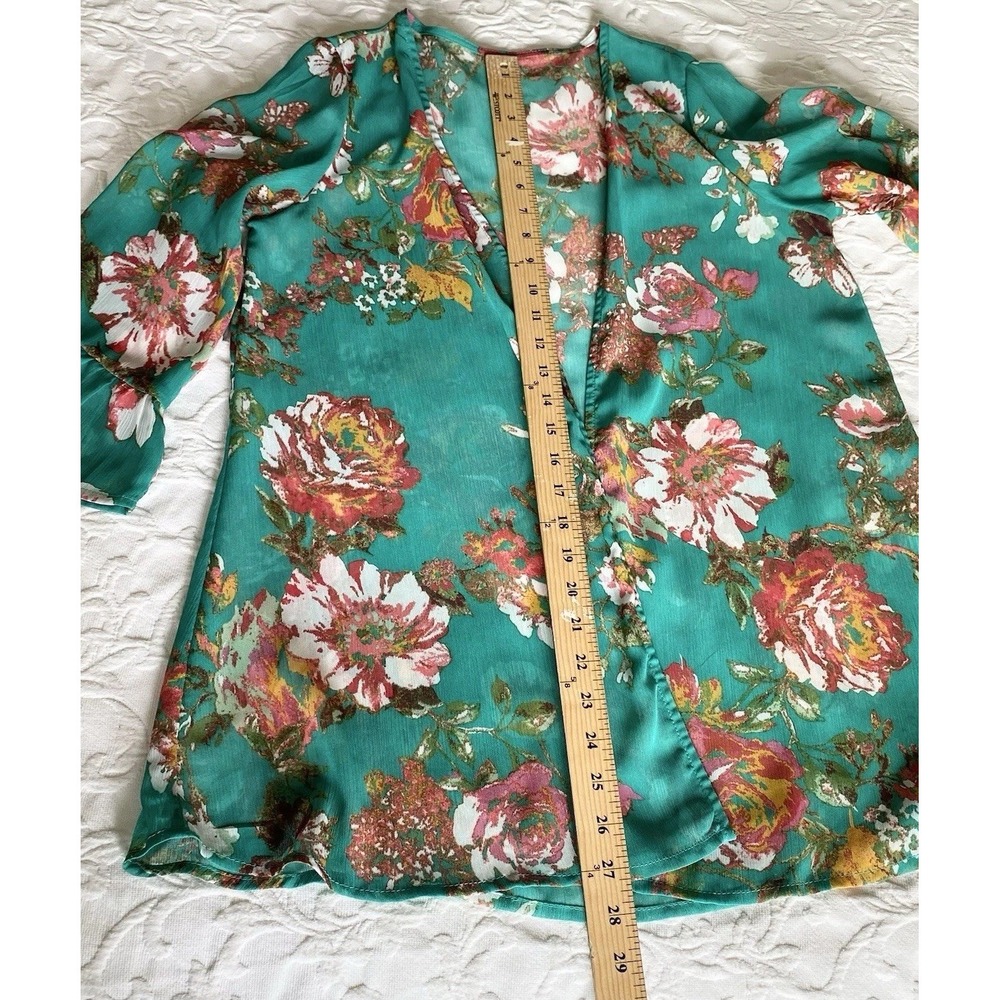 Boho Sheer Floral Kimono XS Tropical Green Open Front Beach Cover Up Lightweight - Picture 9 of 9
